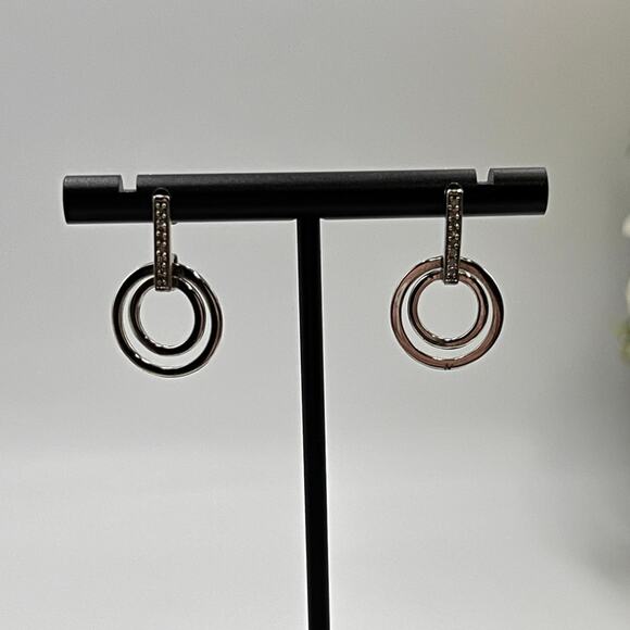 Designer Sterling Silver Pave White Sapphire Double Hoop Pierced Earrings - Picture 2 of 8